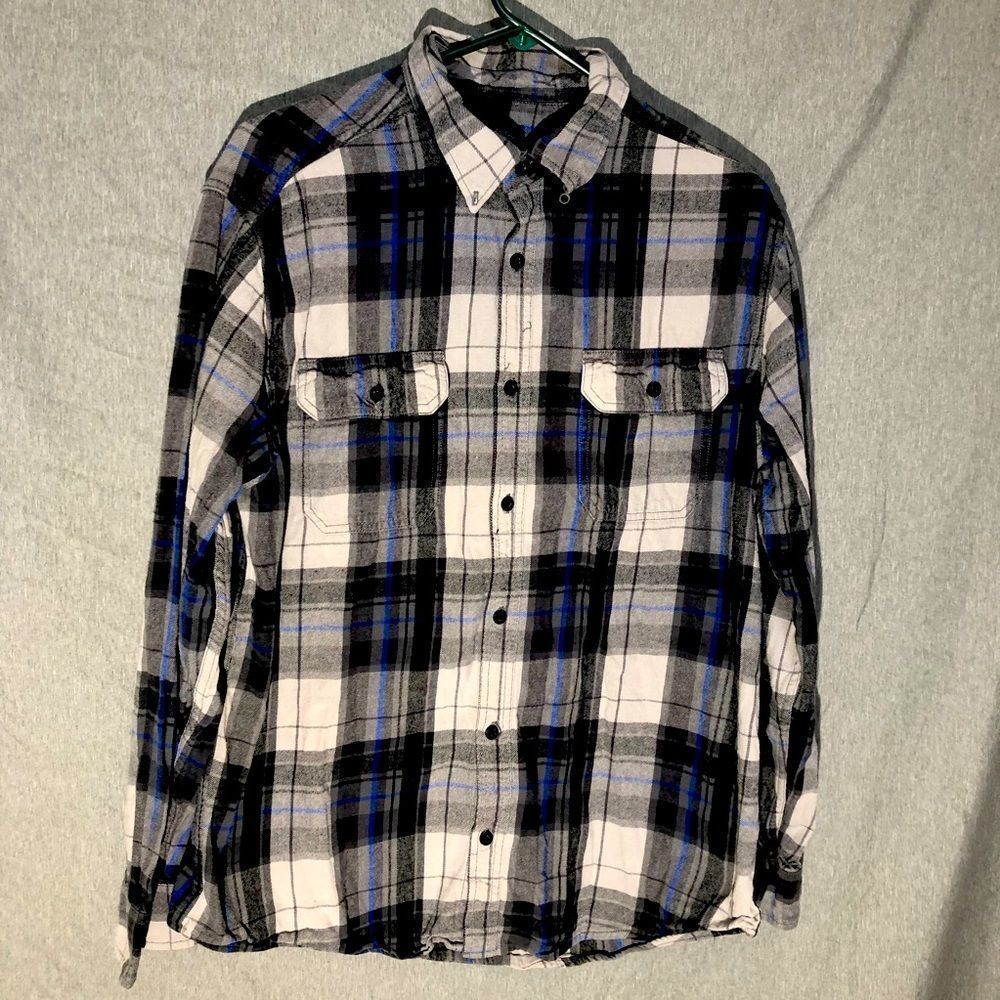 Gray Plaid Faded Glory Long Sleeve Button Down Pocket Shirt Mens Size L
